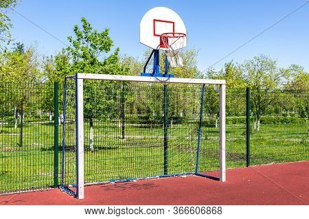 Basketball Backboard On The Sportground In Summer Sunny Day