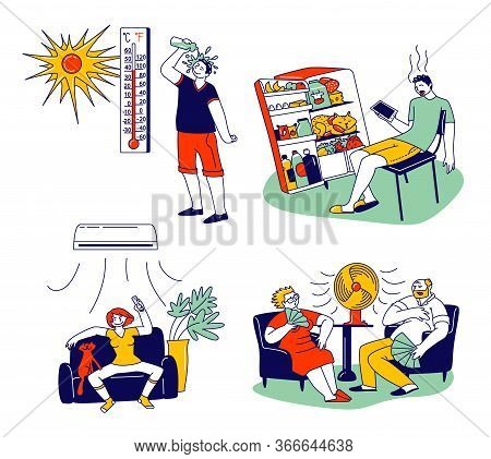 Characters In Summer Time Hot Period Concept. Sweltering In Heat Young And Aged People Sitting On So
