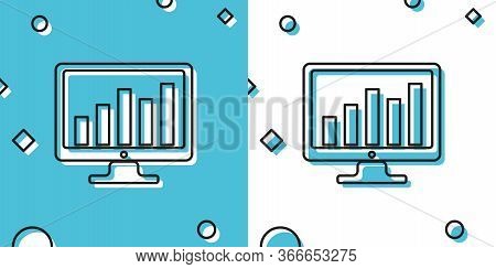 Black Computer Screen With Financial Charts And Graphs Icon Isolated On Blue And White Background. C