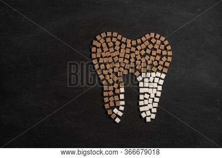 Sugar Destroy Tooth Enamel Leads Tooth Decay White Sugar Cubes Shape Form Tooth Brown Sugar Caries B