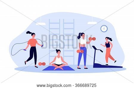 Woman Exercising In Fitness Club Or Gym, Practicing Weight Body Workout, Yoga And Cardio Training, J