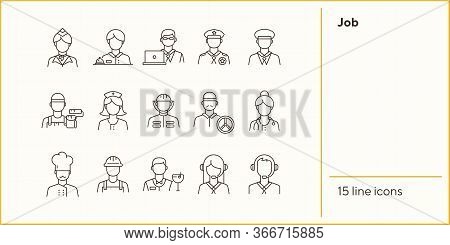 Job Icons. Set Of Line Icons On White Background. Call Center Operator, Manager, Policeman. Professi