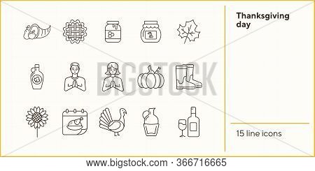 Thanksgiving Day Line Icon Set With People, Wine And Pumpkin. Turkey Cock, Cornucopia, Pie, Praying 