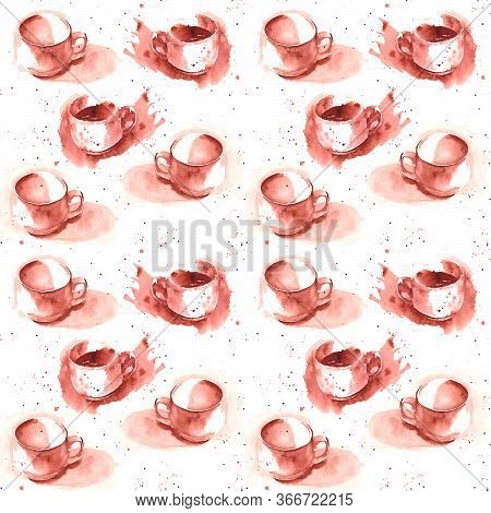Watercolor Seamless Pattern From An Empty White Cup Andwhite Cup Of Coffee Or Tea With Splashes And 