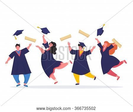 A Group Of University Graduates In Black Coats Jumping With Joy. Diploms And Graduating Caps Flying 