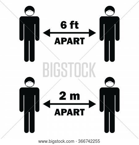 Social Distancing Six 6 Feet Two 2 M Apart. Stick Figure With Face Mask. Black And White Eps Vector