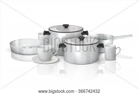 Realistic Cookware. 3d Kitchen Utensils And Crockery, Steel Kitchenware And White Dishes. Vector Ill