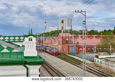 Perm, Russia - May 10, 2020: View Of The Platform Of The Old Station And The Former Railway Workshop