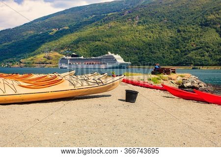 Kayaks And Cruise Ship In Flam, Norway