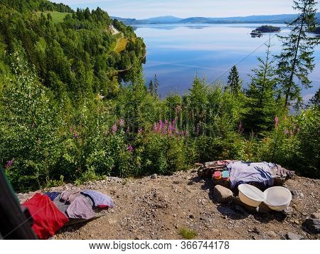 Camping On Norwegian Nature., Fjord Lake Shore In Summer. Holidays And Travel In Caravan.