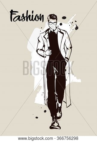 Stylish Handsome Man In Fashion Clothes. Fashion Man. Hand Drawn Male Model. Sketch. Vector Illustra