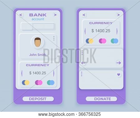 Neumorph Ui Kit On Sample Smartphone Screen. Banking And Finance Application. Light Color Set. Skeuo