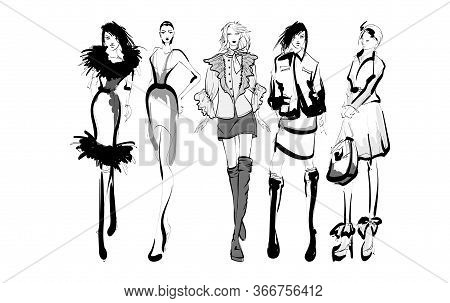 Beautiful Young Women In Modern Style.. Hand Drawn Stylish Woman Portrait. Fashion Lady. Festive Out