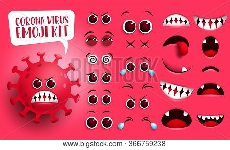 Corona Virus Emoji Kit Vector Set. Covid19 Coronavirus Emoticon Face Creation, Eyes And Mouth With A