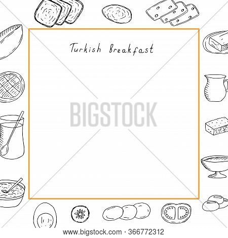 Turkish Breakfast Menu, Vector Illustration, Bread, Cheese, Butter, Jam, Tea, Coffee, Chocolate, Mil