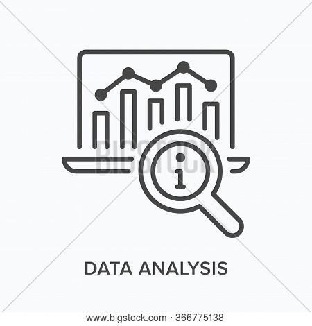 Data Analysis Flat Line Icon. Vector Outline Illustration Of Laptop With Search Glass. Analytics Con