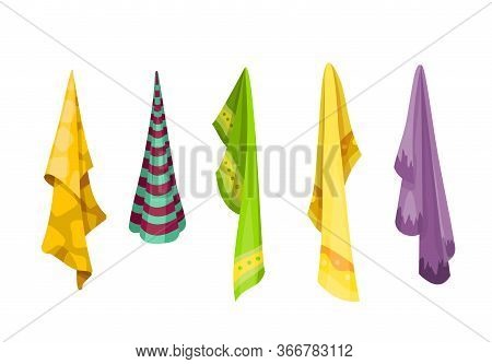 Bath Towel. Cartoon Towels Vector Set. Cloth Towel For Bath, Illustration Of Cartoon Fabric Towel Fo