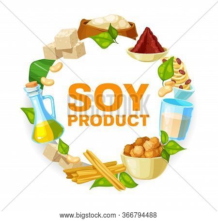 Soy And Soybean Products, Vector Soya Food. Vegetarian Or Vegan Nutrition Miso Paste, Tofu, Soybean 