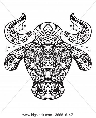 Vector Decorative Doodle Ornamental Head Of Bull. Abstract Vector Illustration Of Bull Black Contour