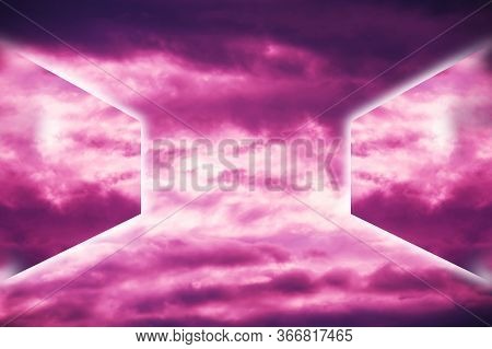 Aesthetic Modern Art Collage With Clouds Blue Sky In Style Of The 80-90s. Real Natural Sky Compositi