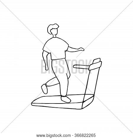 Boy Running On Treadmill. Sport Training, Workout Concept. Doodle Hand Drawn Vector Graphic