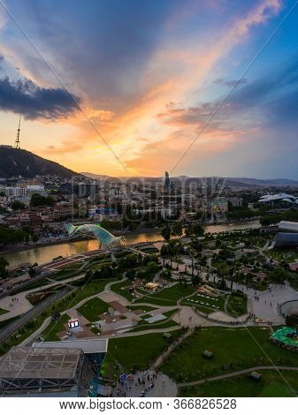 The Evening Panorama Of The Old Town In The Old District Of Avlabari, Holy Trinity Cathedral And Rik
