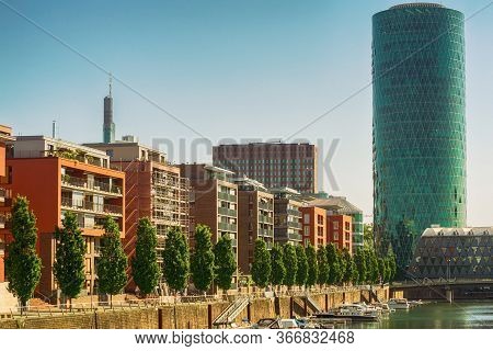 Frankfurt,germany - May 16,2020:westhafen This Is The Modern Business Building Westhafen Tower,with 