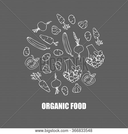 Vector Vegetables Logo. Round Background. Hand Draw Cartoon Sketch. Broccoli, Carrots, Cucumber, Pot