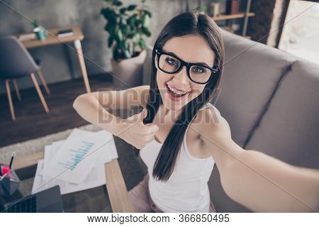 Close Up Photo Of Positive Girl Ceo Marketer Make Selfie Approve Distance Work Show Thumb Up Sign Di