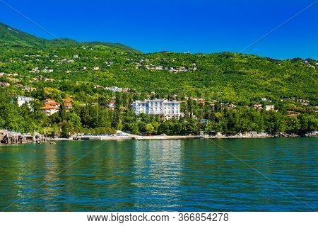 Beautiful Adriatic Sea In Croatia, Town Of Lovran Riviera, Coastline Villas In Kvarner Bay