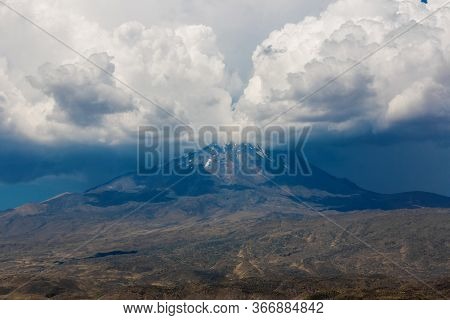 A Close Up View Of Mount Ararat. The Summit Of The Mountain In A Dramatic Sky. Blue Sky And Majestic