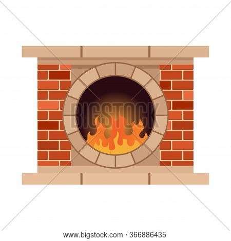 Vector Home Fireplace With Fire. Vintage Design Of Stone Oven With Fireside. Flat Icon Design. Illus
