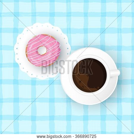 Vector Cartoon Illustration Of Doughnut With Cup Of Coffee. Cup Of Hot Beverage And Sweet Donut With