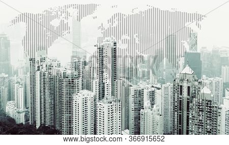 Global Influenza Pandemic Concept. Flu Virus Covid-19. Deserted Modern Megacities. Abstract World Ma