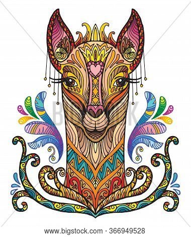 Vector Decorative Doodle Ornamental Head Of Lama. Abstract Vector Colorful Illustration Of Lama Head