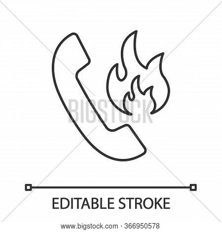 Hotline Support Linear Icon. Fire Emergency Call. Thin Line Illustration. Handset With Fire. Contour