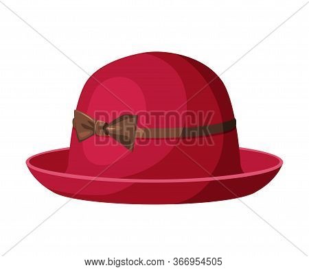 Female Hat With Ribbon, Fashion Fark Pink Headdress, Lady Headwear Flat Vector Illustration