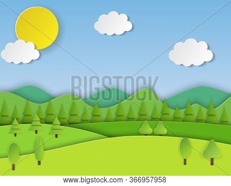 Paper Cut Summer Landsape. Summer Landscape With Green Hills And Blue Sky, White Clouds. Vector Illu