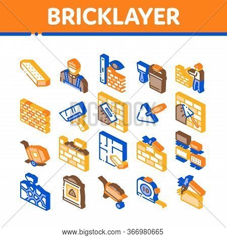 Bricklayer Industry Collection Icons Set Vector. Professional Bricklayer Worker, Mason Layer Equipme