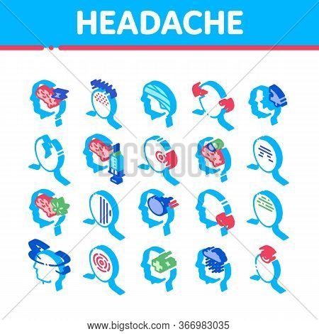 Headache Collection Elements Vector Icons Set. Tension And Cluster Headache, Migraine And Brain Symp