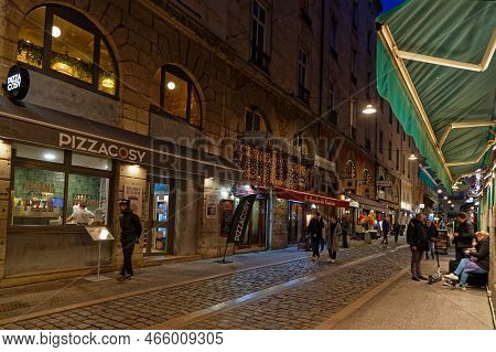 Lyon, France, February 19, 2022 : Touristic Street With Several Small Restaurants, Called A Bouchon,