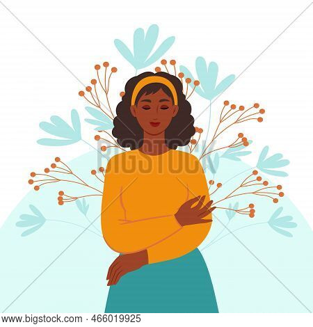 Black Skinned Woman Hugs Herself, Concept Of Psychological Health And Self Love. Vector Illustration