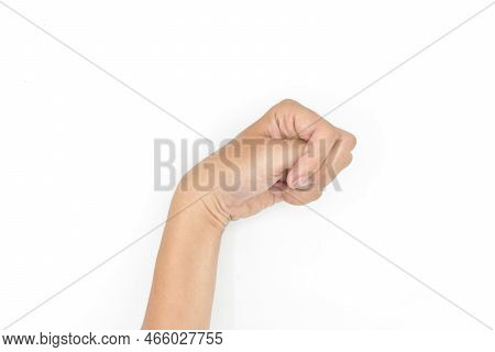 Hand Muscle Spasm In Asian Young Man. Unilateral Fingers Flexion. Isolated On White Background.