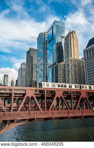 Subway Crossing Dearborn Street Bridge In Chicago, Usa