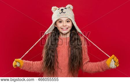 Earflap Hat Knitwear. Teen Child Model Have Fun In Earflap Hat. Teen Child In Earflap Hat