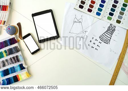 Fashion Designer Room. Mobile Phone, Tablet Computer, Pattern For Cloth, Silk Thread Color Sample Ca