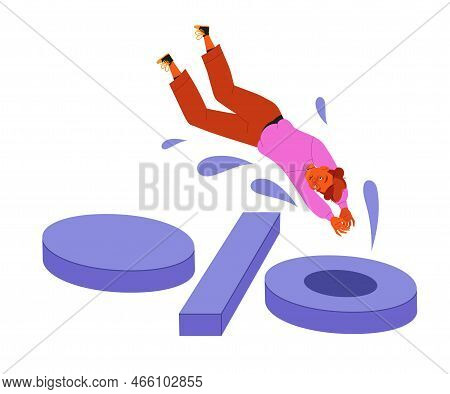 Young Man Character Diving Headfirst In Percentage Sign Vector Illustration