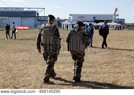 Morlaix, France - September 18 2022: Two Soldiers Of The Landivisiau Naval Aeronautical Base Patroll