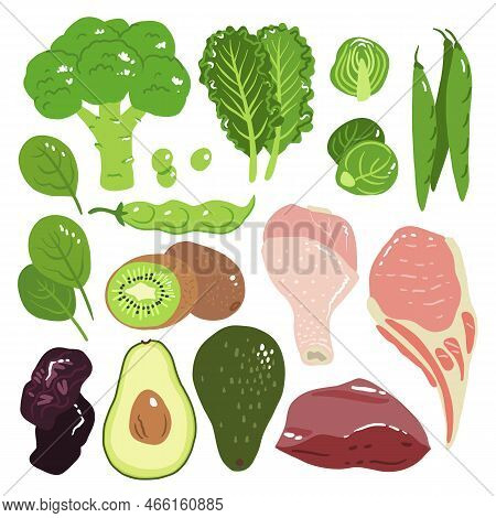 Vitamin K Vector Stock Illustration. Food Products With A High Content Of The Vitamin K1 And K2. Pru