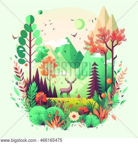 Nature Mountain Forest Jungle Landscape Background In Vector Flat Color